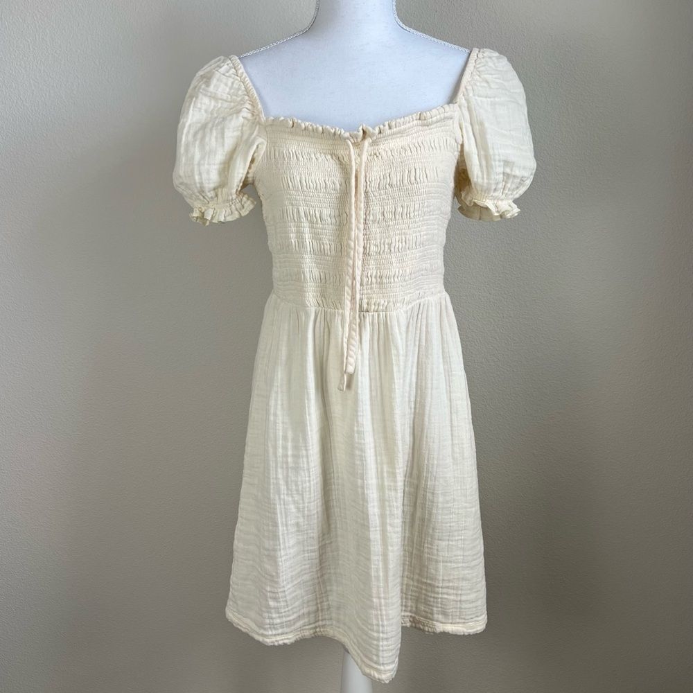 Roxy Gauze Cream Mini Dress Cottagecore Puff Sleeve Smocked Milkmaid Boho Size M
